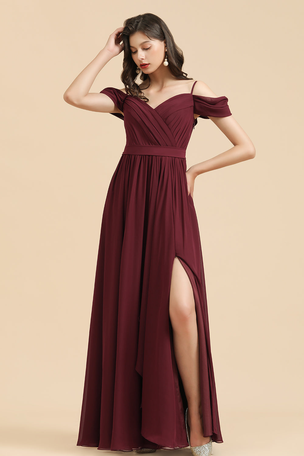Off-the-Shoulder Sweetheart Burgundy Long Bridesmaid Dress With Slit