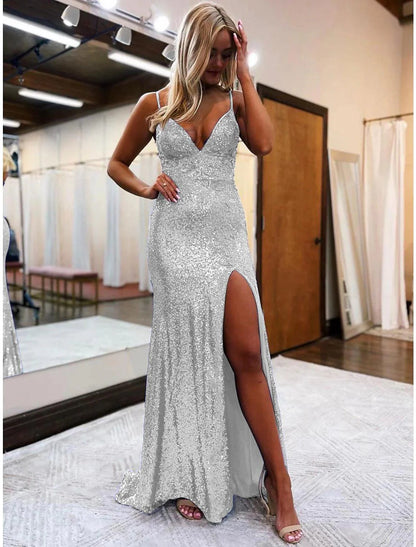 Meerjungfrau-Trompeten-Ballkleid, funkelndes Glanzkleid, formelle Hochzeitsfeier, Sweep-Pinselzug, ärmellos, V-Ausschnitt, Pailletten, rückenfrei mit Glitzerpailletten