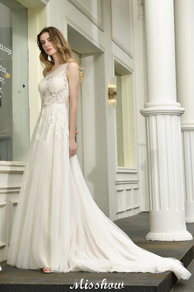 Vestido de novia de tul con un solo hombro, corte A, sin mangas, para primavera y playa