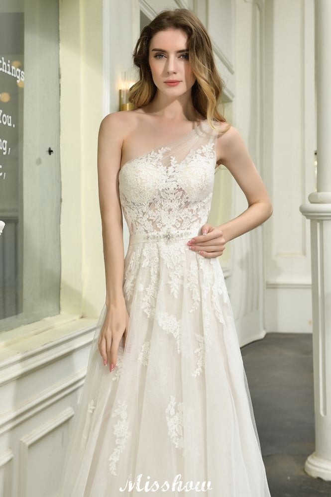 Vestido de novia de tul con un solo hombro, corte A, sin mangas, para primavera y playa