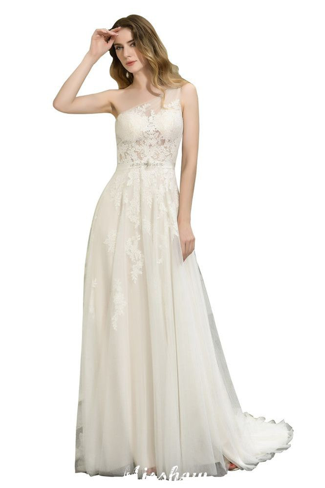 One Shoulder Aline Tulle Wedding Dress Sleeveless Spring Beach Bridal Gown