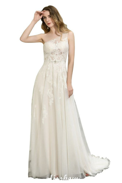 One Shoulder Aline Tulle Wedding Dress Sleeveless Spring Beach Bridal Gown
