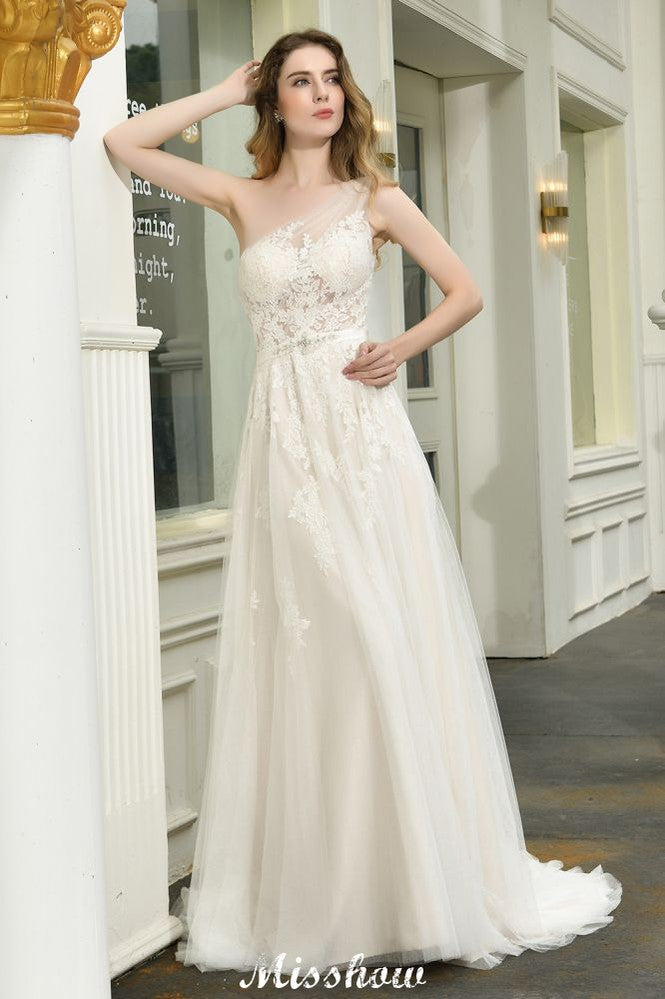 Vestido de novia de tul con un solo hombro, corte A, sin mangas, para primavera y playa