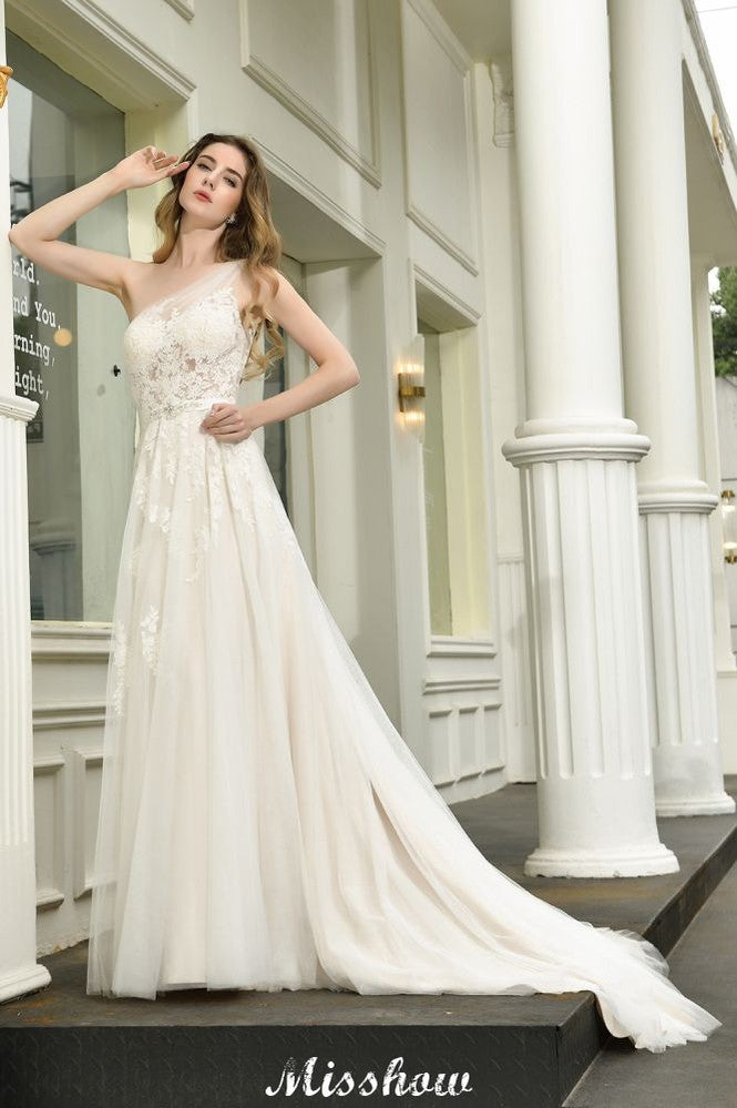 Vestido de novia de tul con un solo hombro, corte A, sin mangas, para primavera y playa