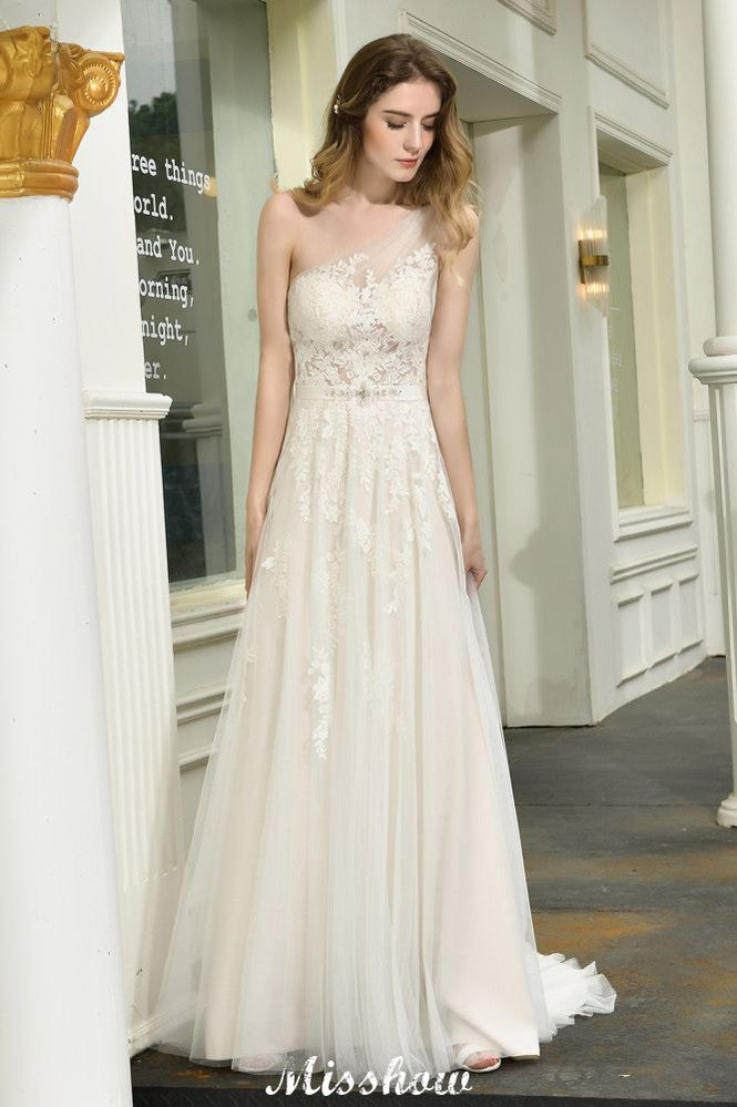 Vestido de novia de tul con un solo hombro, corte A, sin mangas, para primavera y playa