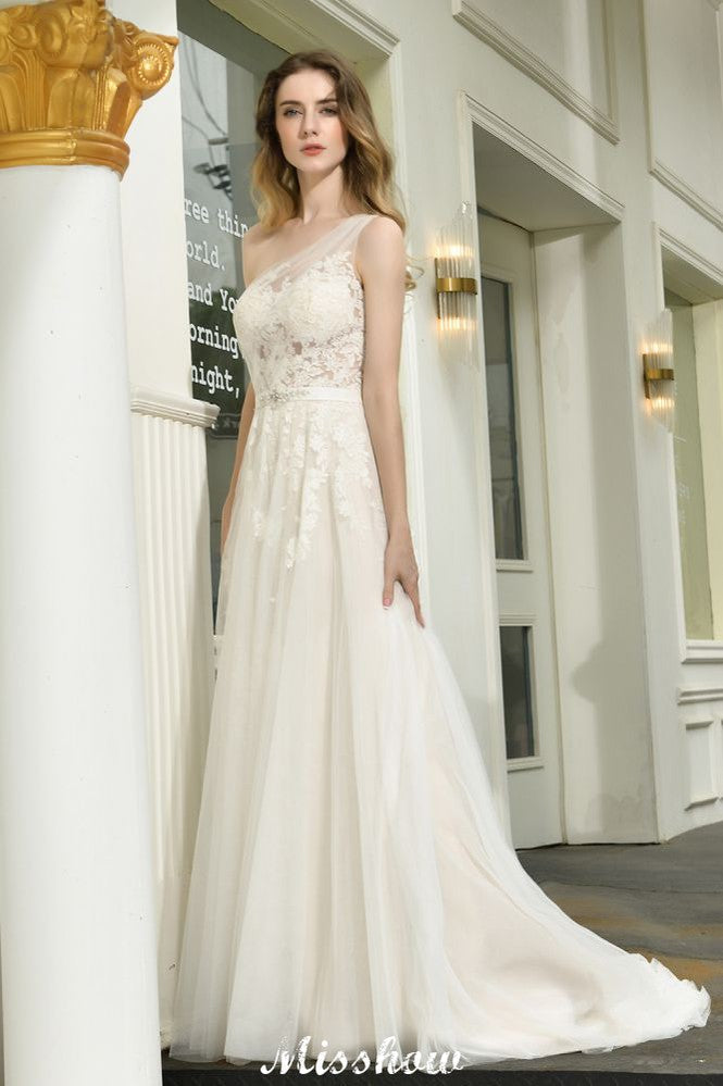 Vestido de novia de tul con un solo hombro, corte A, sin mangas, para primavera y playa