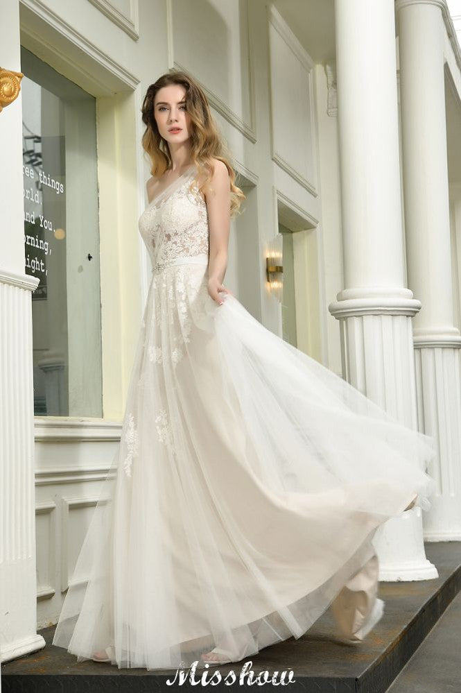 Vestido de novia de tul con un solo hombro, corte A, sin mangas, para primavera y playa