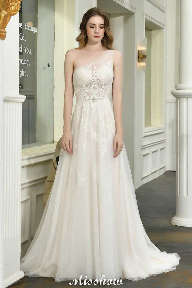 Vestido de novia de tul con un solo hombro, corte A, sin mangas, para primavera y playa