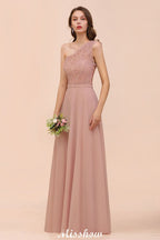 One-Shoulder Chiffon Brautjungfernkleid Altrosa Hochzeitsgästekleid für die Braut