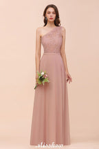 One-Shoulder Chiffon Brautjungfernkleid Altrosa Hochzeitsgästekleid für die Braut