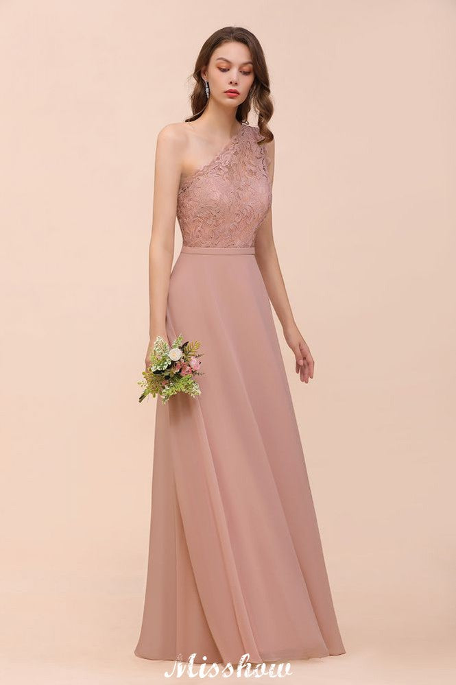One-Shoulder Chiffon Brautjungfernkleid Altrosa Hochzeitsgästekleid für die Braut