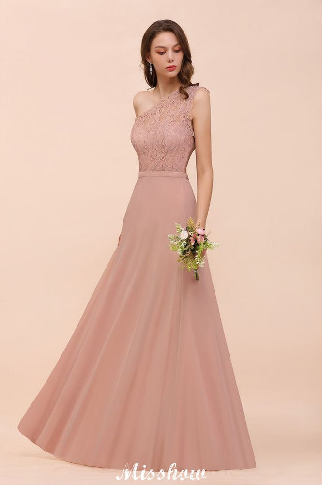 One-Shoulder Chiffon Brautjungfernkleid Altrosa Hochzeitsgästekleid für die Braut
