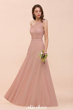 One-Shoulder Chiffon Brautjungfernkleid Altrosa Hochzeitsgästekleid für die Braut