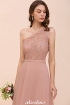 One-Shoulder Chiffon Brautjungfernkleid Altrosa Hochzeitsgästekleid für die Braut