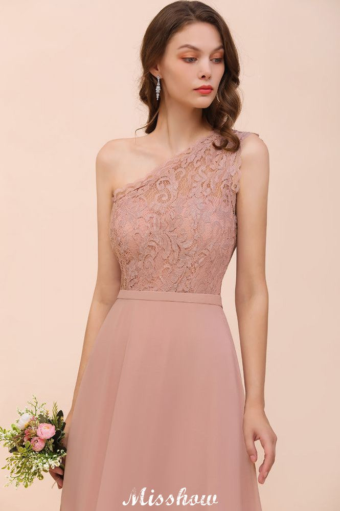 One-Shoulder Chiffon Brautjungfernkleid Altrosa Hochzeitsgästekleid für die Braut