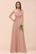 One-Shoulder Chiffon Brautjungfernkleid Altrosa Hochzeitsgästekleid für die Braut