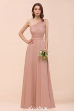 One-Shoulder Chiffon Brautjungfernkleid Altrosa Hochzeitsgästekleid für die Braut