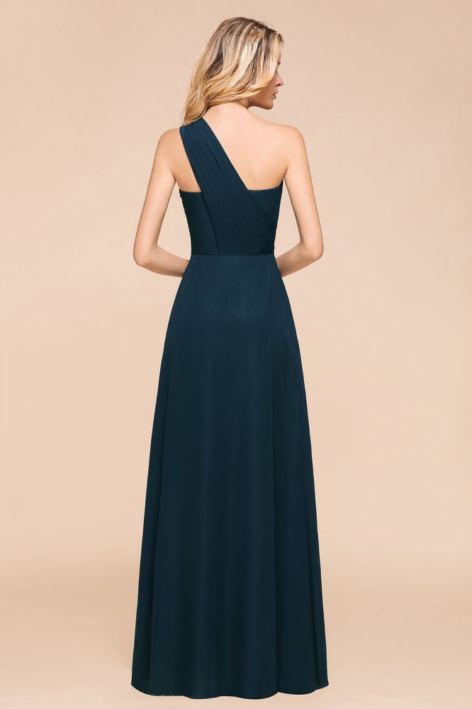 Ein-Schulter-bodenlanges Brautjungfernkleid A-Linie Chiffon Hochzeitspartykleider