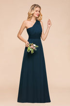 Ein-Schulter-bodenlanges Brautjungfernkleid A-Linie Chiffon Hochzeitspartykleider