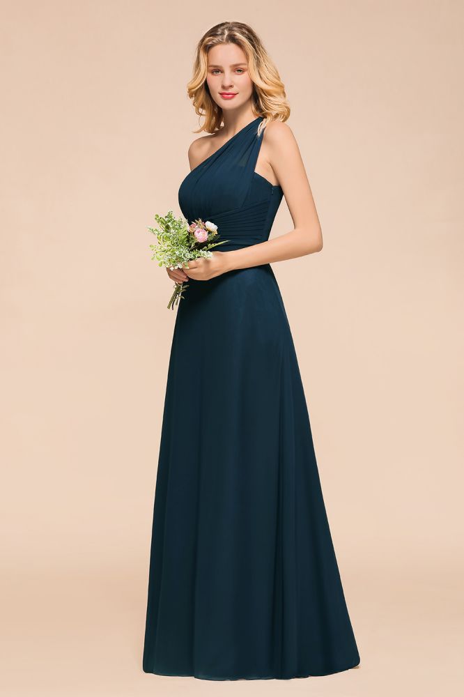 Ein-Schulter-bodenlanges Brautjungfernkleid A-Linie Chiffon Hochzeitspartykleider