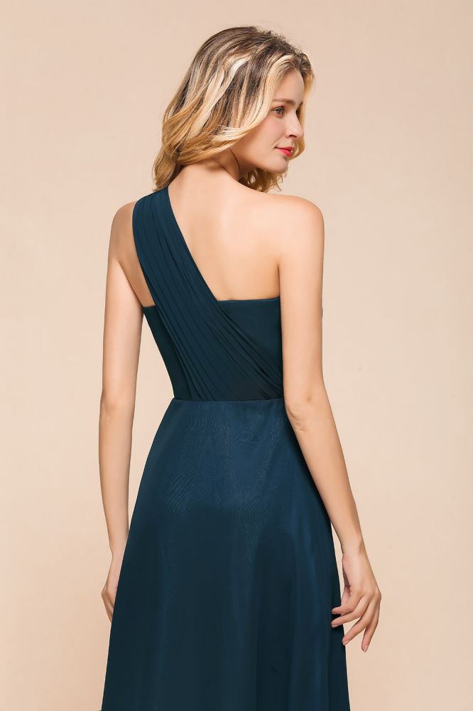 Ein-Schulter-bodenlanges Brautjungfernkleid A-Linie Chiffon Hochzeitspartykleider