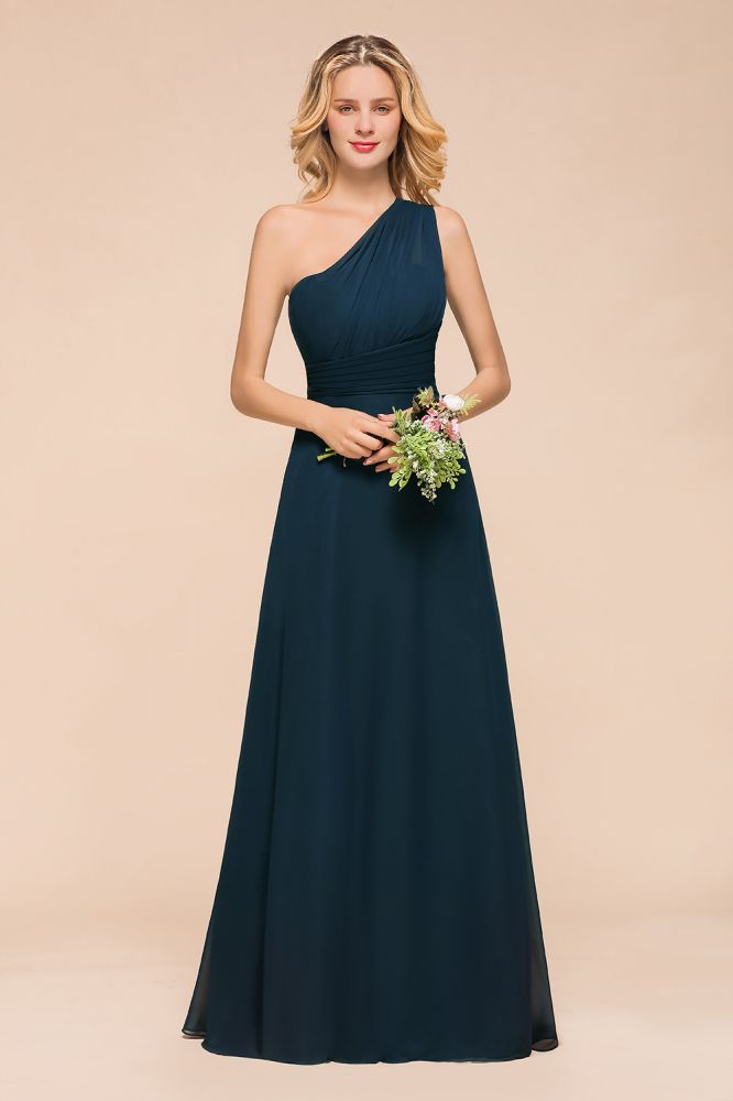 Ein-Schulter-bodenlanges Brautjungfernkleid A-Linie Chiffon Hochzeitspartykleider