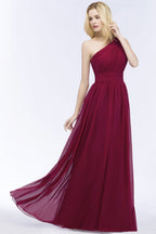 Vestidos de dama de honor de corte A en gasa burdeos con volantes y un solo hombro hasta el suelo