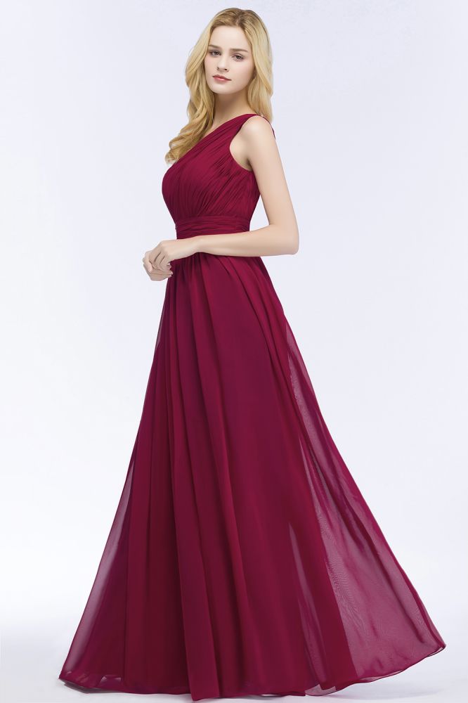 Vestidos de dama de honor de corte A en gasa burdeos con volantes y un solo hombro hasta el suelo