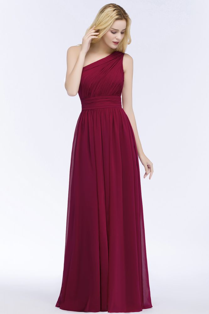 Vestidos de dama de honor de corte A en gasa burdeos con volantes y un solo hombro hasta el suelo