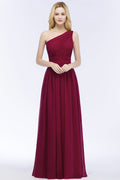 Vestidos de dama de honor de corte A en gasa burdeos con volantes y un solo hombro hasta el suelo