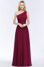 Vestidos de dama de honor de corte A en gasa burdeos con volantes y un solo hombro hasta el suelo