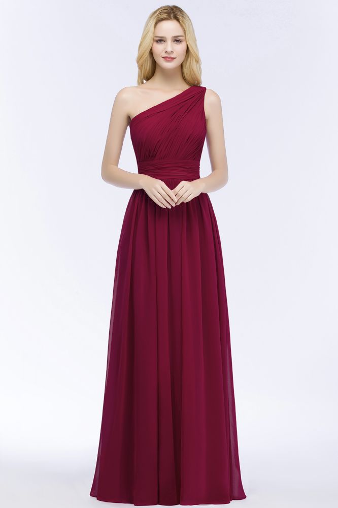 Vestidos de dama de honor de corte A en gasa burdeos con volantes y un solo hombro hasta el suelo