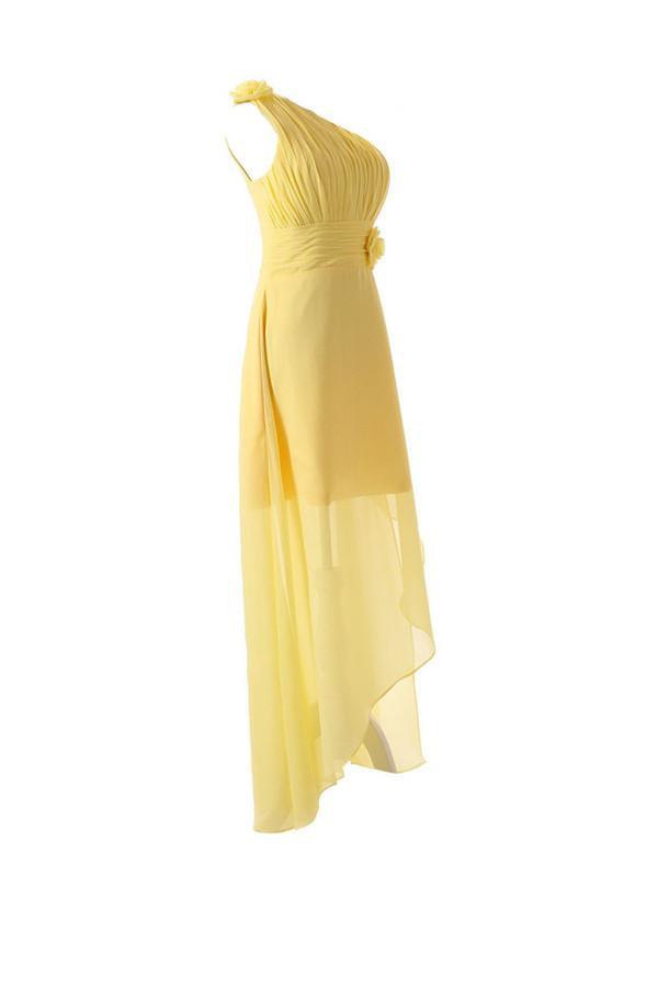 Vestido de dama de honor amarillo de gasa con un solo hombro y flores, largo hasta el suelo, BD015