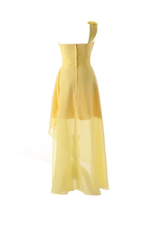 Vestido de dama de honor amarillo de gasa con un solo hombro y flores, largo hasta el suelo, BD015