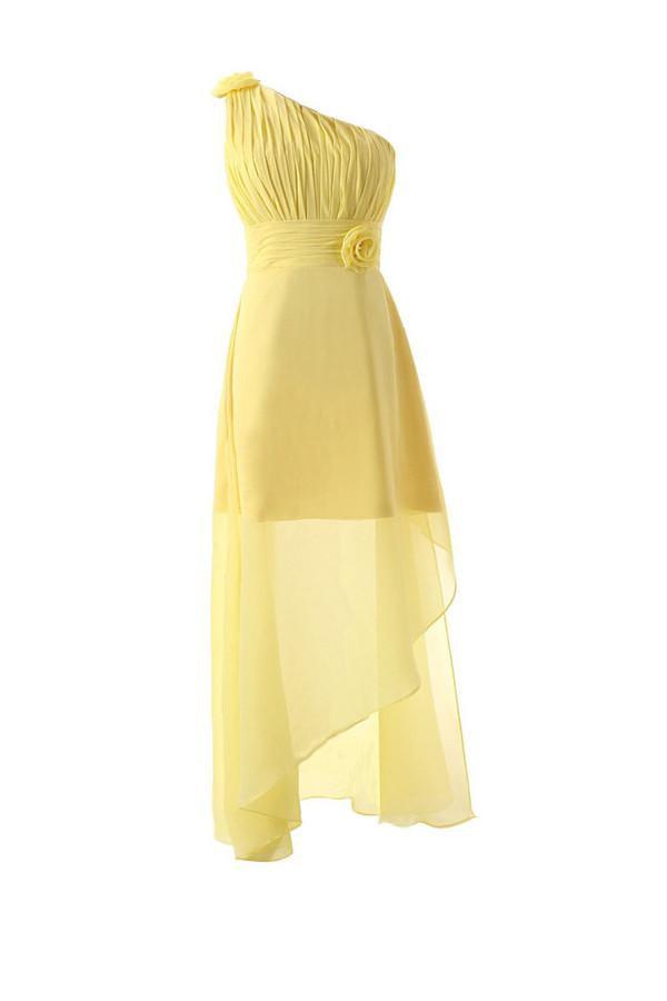 Vestido de dama de honor amarillo de gasa con un solo hombro y flores, largo hasta el suelo, BD015
