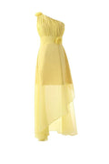 Vestido de dama de honor amarillo de gasa con un solo hombro y flores, largo hasta el suelo, BD015
