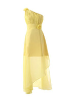 Vestido de dama de honor amarillo de gasa con un solo hombro y flores, largo hasta el suelo, BD015