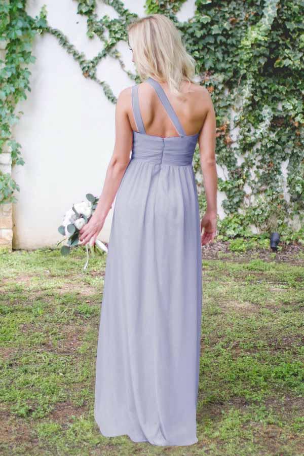 Vestido de dama de honor de gasa gris, largo hasta el suelo, con un solo hombro y espalda descubierta BD037