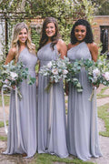 Vestido de dama de honor de gasa gris, largo hasta el suelo, con un solo hombro y espalda descubierta BD037