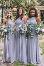 Vestido de dama de honor de gasa gris, largo hasta el suelo, con un solo hombro y espalda descubierta BD037