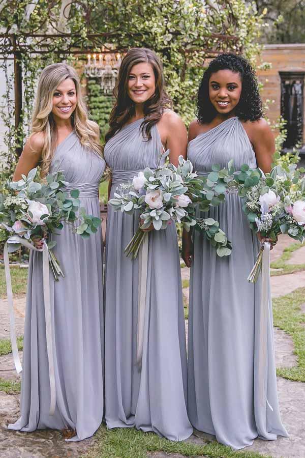 Vestido de dama de honor de gasa gris, largo hasta el suelo, con un solo hombro y espalda descubierta BD037