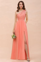 Vestido de dama de honor floral de un solo hombro con abertura lateral, vestido formal para invitada de boda con bolsillo