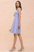 Vestido de dama de honor mini de un solo hombro color lavanda, de gasa, largo hasta la rodilla, sencillo, para uso diario.