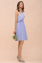 Vestido de dama de honor mini de un solo hombro color lavanda, de gasa, largo hasta la rodilla, sencillo, para uso diario.