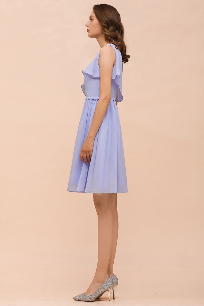 Vestido de dama de honor mini de un solo hombro color lavanda, de gasa, largo hasta la rodilla, sencillo, para uso diario.