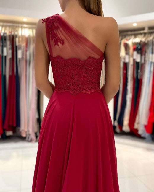 Rotes Ballkleid mit einer Schulter, bodenlanges ärmelloses Maxikleid mit Schlitz vorne