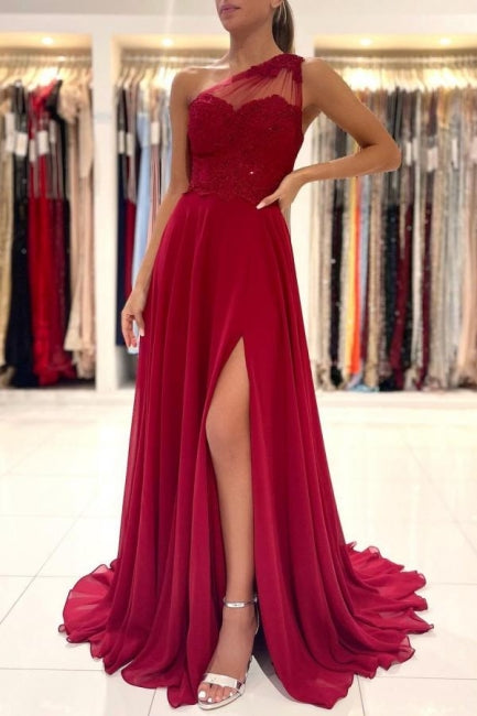 Rotes Ballkleid mit einer Schulter, bodenlanges ärmelloses Maxikleid mit Schlitz vorne