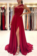 Rotes Ballkleid mit einer Schulter, bodenlanges ärmelloses Maxikleid mit Schlitz vorne
