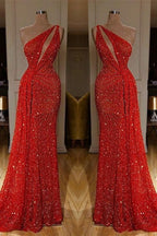 One Shoulder Red Sexy Sequins Long Prom Dresses