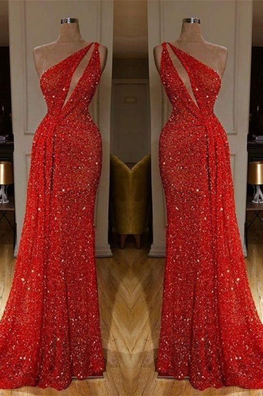 One Shoulder Red Sexy Sequins Long Prom Dresses